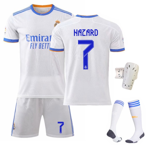 21-22 Nya Real Madrid hemma nr 7 Hazard nr 9 Benzema nr 10 Modric tröja fotbollsdräkter set Size 7 with socks + protective gear XS#