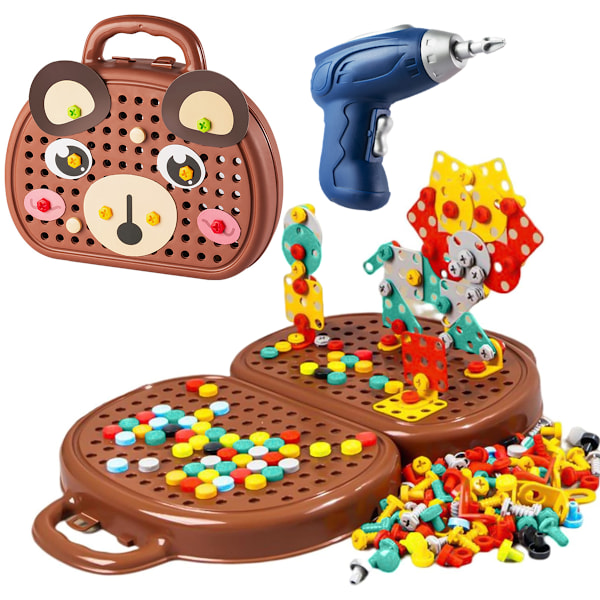 Magic Montessori Play Toolbox with Electric Drill, 3D Puzzle Mosaic Toolbox Kids Games, Creativity Toolbox for Children Ages 3-12