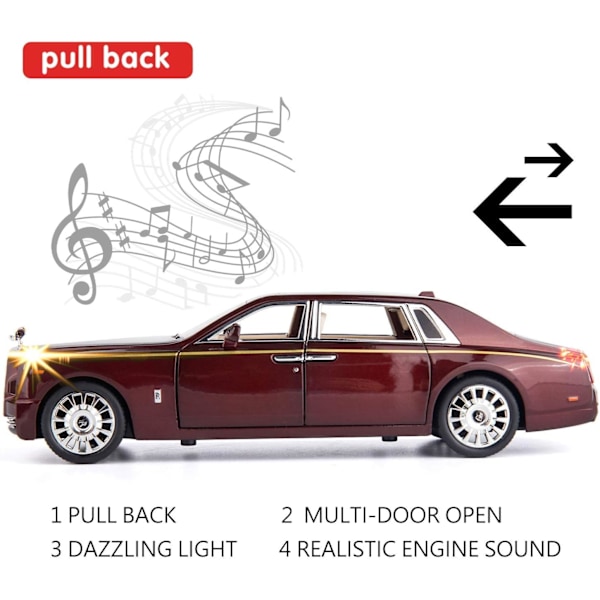 SAYTAY 1/24 Rolls-Royce Phantom Modellbil, Sinklegering Trekk-Tilbake Lekebil med Lyd og Lys for Barn Jente Gutt Gave (Rød) ST-001