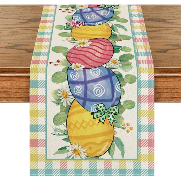 Buffalo Plaid Daisy Egg Easter Tablecloth, Seasonal Kitchen Table Decor for Indoor Parties 13x72 Inches