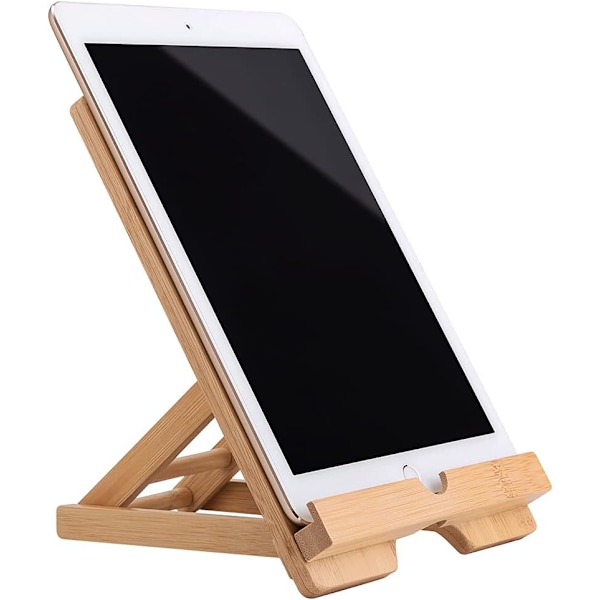 Foldbar tabletstand i bambus og træ, kompatibel med flere enheder