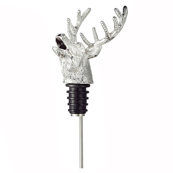 Vinkaraffer och flaskhållare i zinklegering med hjorthuvudform med läckagesäker propp (silver)
