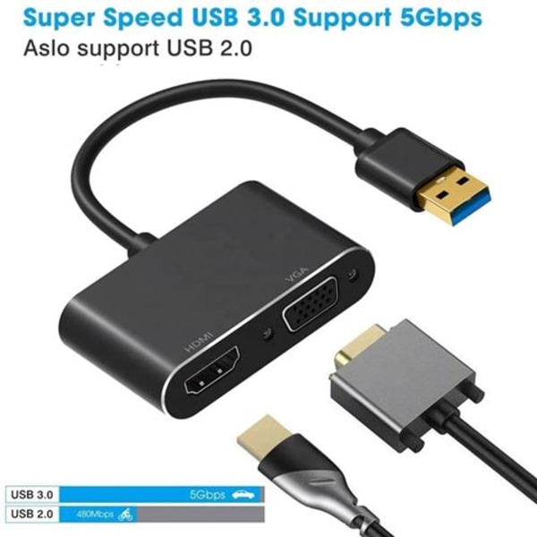 USB 3.0 til HDMI VGA Konverter Adapter Dobbel Utgang Adapter