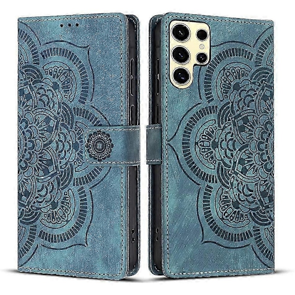 Frosted Læder Etui til Mandala Emed Retro Telefon Blå(FQ) For Samsung Galaxy S24 Ultra 5G Blue