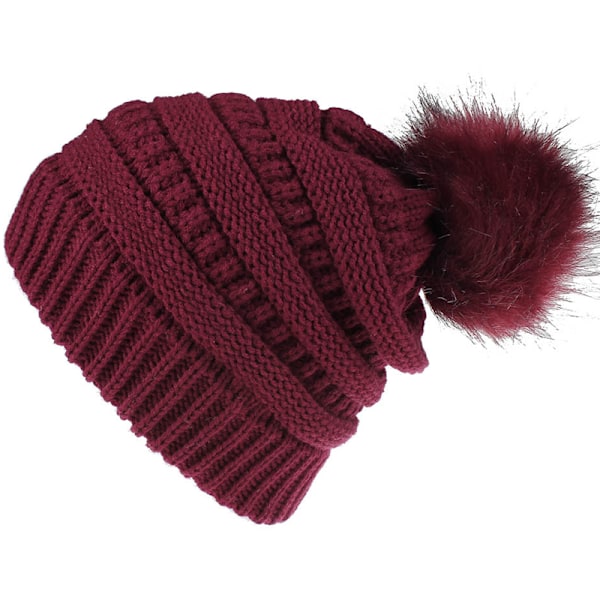 Mote retro hodeplagg kvinne ensfarget strikket lue i ullkule Wine red