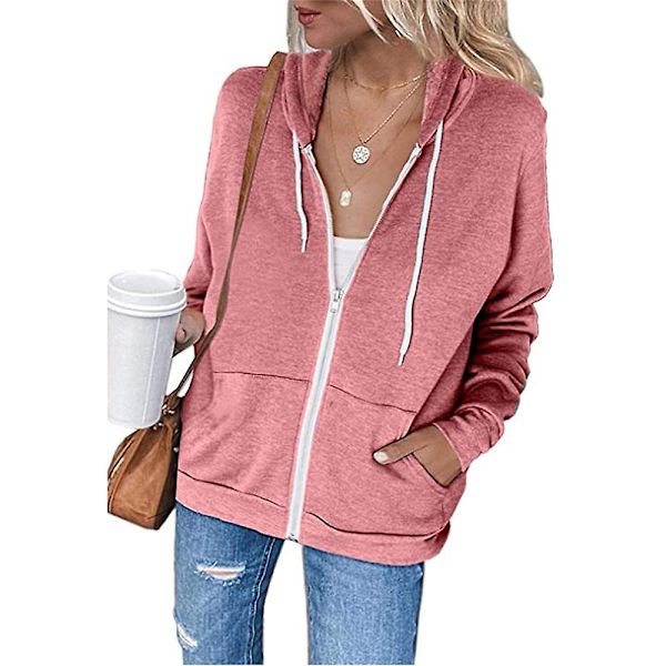 Dame Zipper Hættetrøje Langærmet Frakke Casual Toppe Pink Pink M