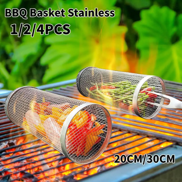 2 mesh grill baskets in stainless steel stand