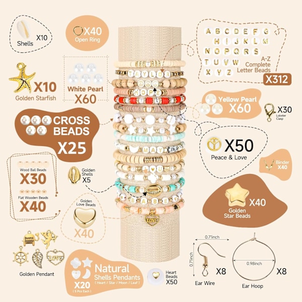 Leireperler 3 Bokser Armbåndssett, 10500 Perler til Smykkeproduksjon, Runde Bokstavperler med Smykker og Elastiske Snører, Venn Gold