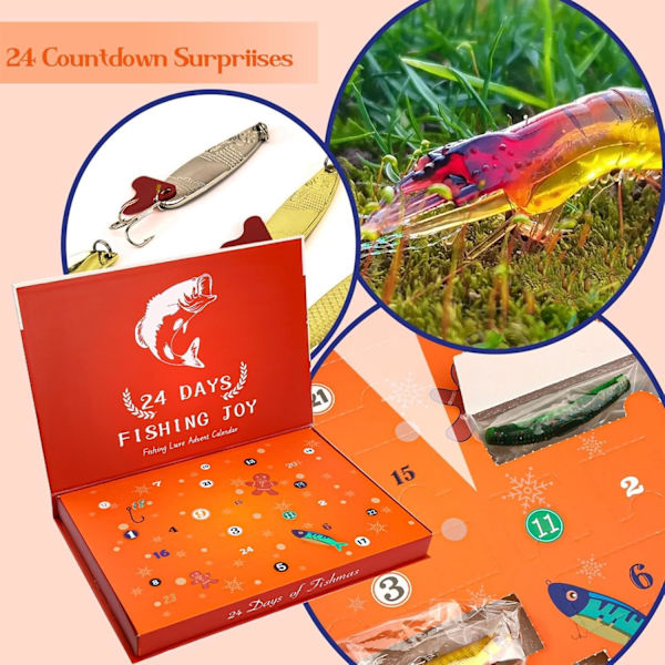 Fiskekalender 2024, Fiske-Adventskalender – 24-dagers Julnedtelling Fiskeutstyrssatt for Mann, Venn 780A