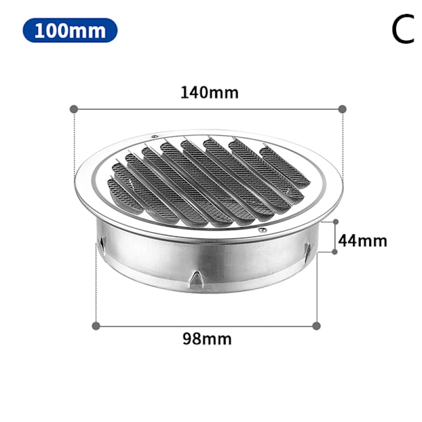 75MM 201 Rustfritt Stål Veggventilasjonsgitter Utvendig Rund Du 100mm