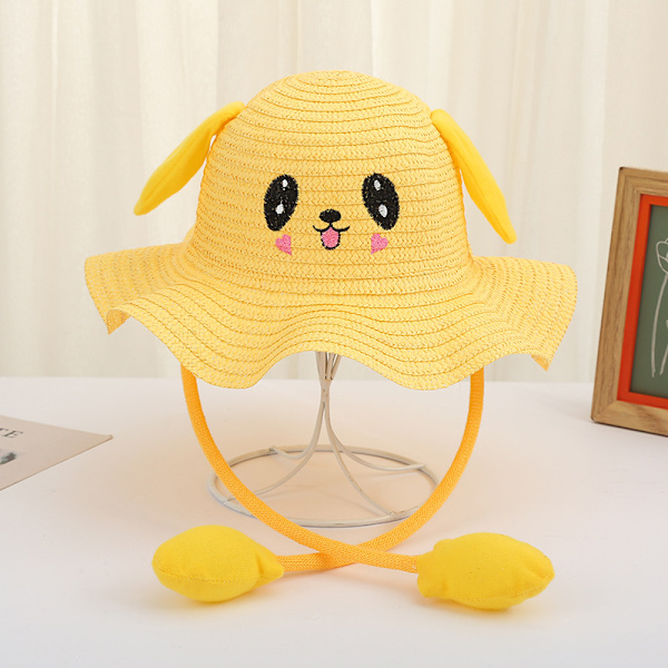 Sommerhatt for barn med ører, tegneserie kaninører, stråhatt, søt fiskerhatt for voksne, et lite klyp av øret vil bevege solhatten yellow