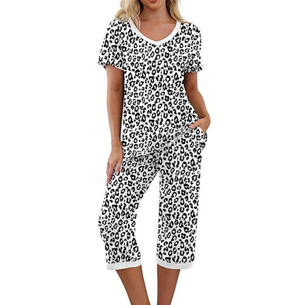 Naisten pyjama 2-osainen yöasu lyhythihainen T-paita ja capri-housut valkoinen leopard kuvio valkoinen leopard kuvio White Leopard Pattern L