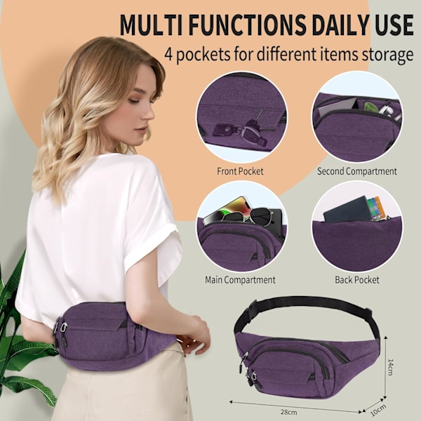 Midjebelte for kvinner og menn, Reisebelte for damer, Midjebelte for løping og gåing, Vanntett midjebelte, Justerbar Purple