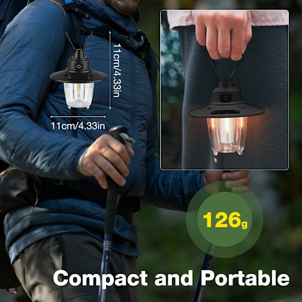 LED-retkeilylamppu, ladattava, retro-retkeilylyhty, akku koukulla, 3 valotilaa, portaattomasti himmennettävä, 2800 mAh