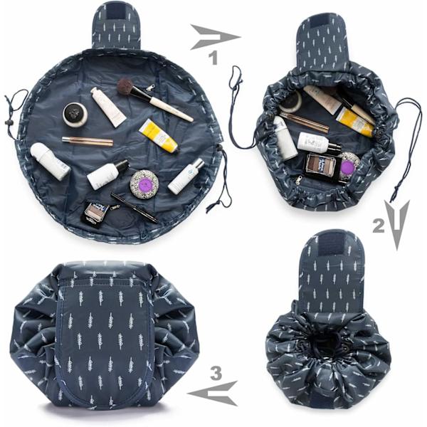 Toilettasilaukku, nopea meikkilaukku Toilettasilaukku kiristysnarulla (Navy Blue Feathers)