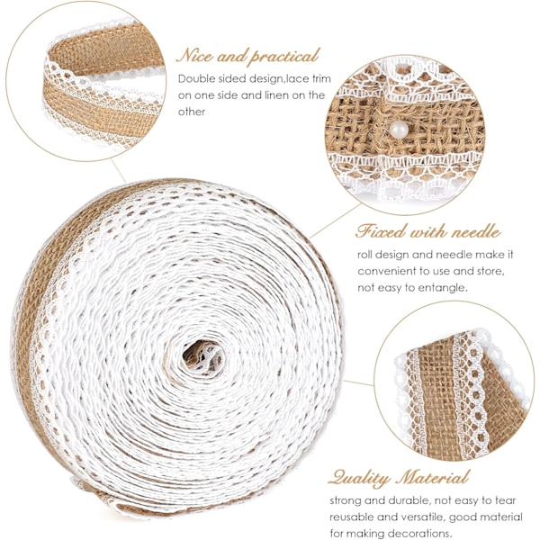 Jute Trim Burlap Bånd - 10M Hessian Bånd med Blonder - 2,5 cm Natur Frynse Bånd med Blonder til Vintage/Rustik Tema Bryllupshåndværk Beige beige Style 3