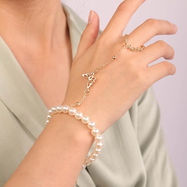 Dainty Pearl Armband Link Finger Ring Chain Butterfly Armband