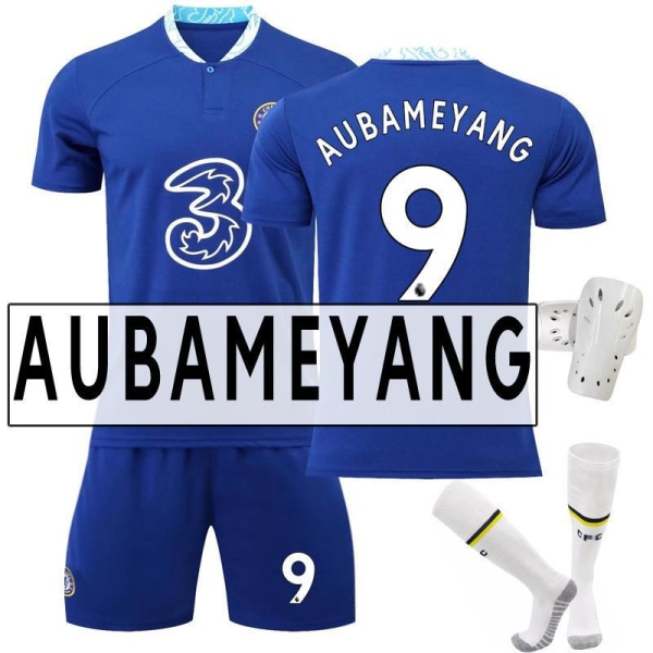 22-23 Chelsea hemma nr 9 Aubameyang 7 Kante 10 Pulisic fotbollsuniform set 19 Mount jersey Aubameyang,socks + protective gear #20