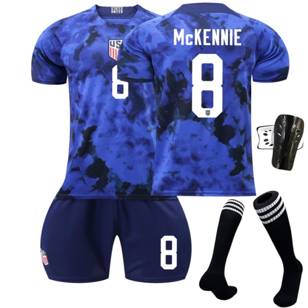 22-23 USA:s fotbollslag borta blå nr 10 Pulisic 8 McKennie 13 Morris World Cup tröja Size 8 with socks + protective gear #XS