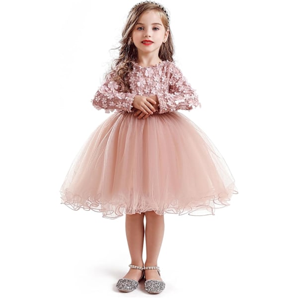 AOVO Långärmad flicka casual födelsedagsklänning med tyllkjol rosa 3-4T
