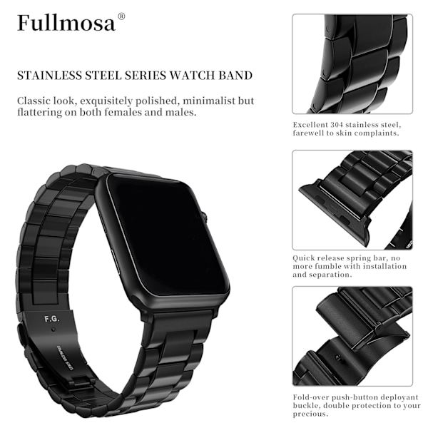 Ruostumattomasta teräksestä valmistettu metalliranneke iWatch/Apple Watch -sarjaan 8/7 SE/6/5/4/3/2/1 Series Ultra, 38mm/40mm/41mm musta