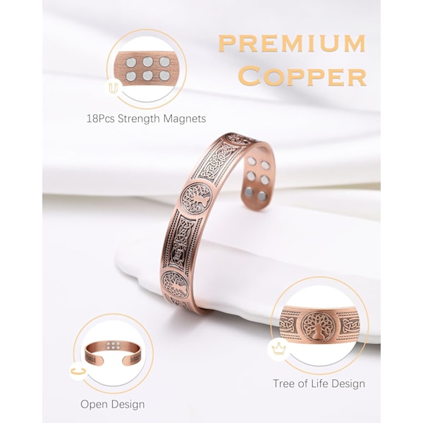 Koppararmband för män och kvinnor 18 st styrka magneter koppar magnetiska armband Brazaletes smycken med presentask 18mlove tree 18mlove tree Count (Pack of 1)