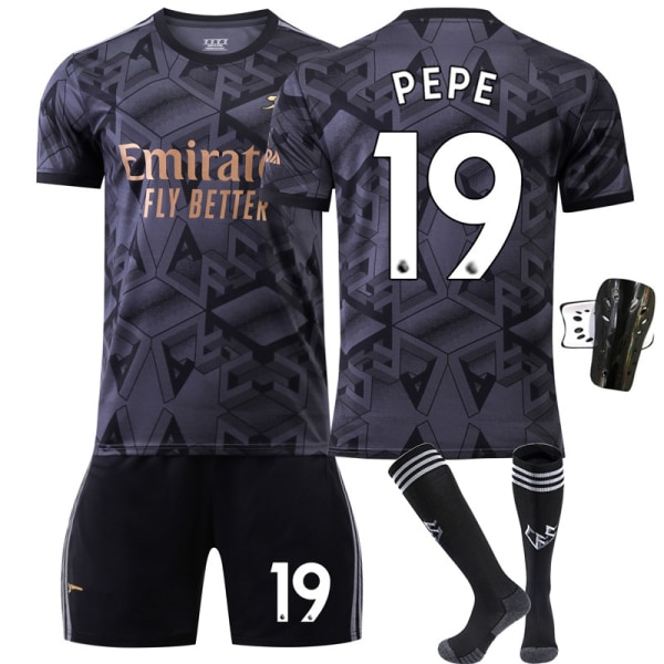 22-23 Arsenal borta svart nr 7 Saka 9 Lacazette 19 Pepe 14 Aubameyang fotbollströja set No number socks Children's size 22