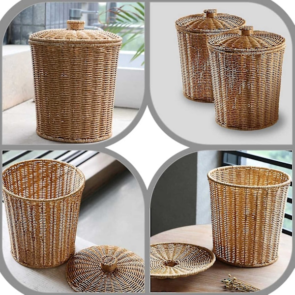 Yhsqv - vävd korg papperskorg rund rotting papperskorg med lock planter vävda korgar korg papperskorg