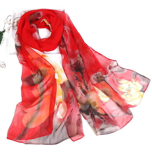 En röd 160 × 50 cm kvinnlig lotus silkescarf