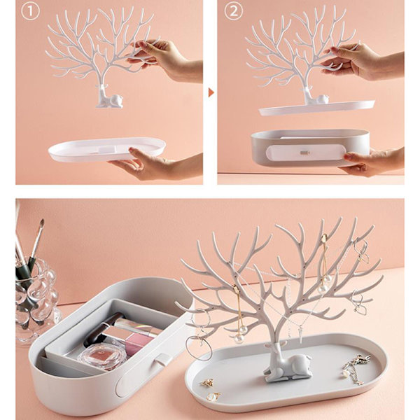 Hjorteøreringe Halskæde Ring Smykke Display Stand Bakke Træ T-With drawer