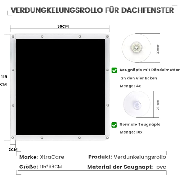 Blackout-gardin uten boring for takvinduer, termiske blackout-gardiner med sugekopp, ugjennomsiktig, 96 x 115 cm, svart