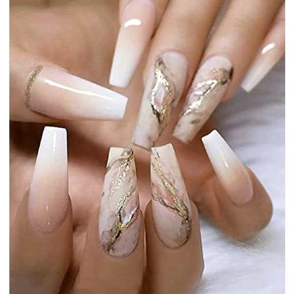 Arkku Väärennetty Kynnet Marmori Pitkä Väärennetty Kynnet Kulta Kalvo Lehdistö Kynnet Ballerina Akryyli Stick Kynnet 24kpl Naisille Ja Tytöille beige