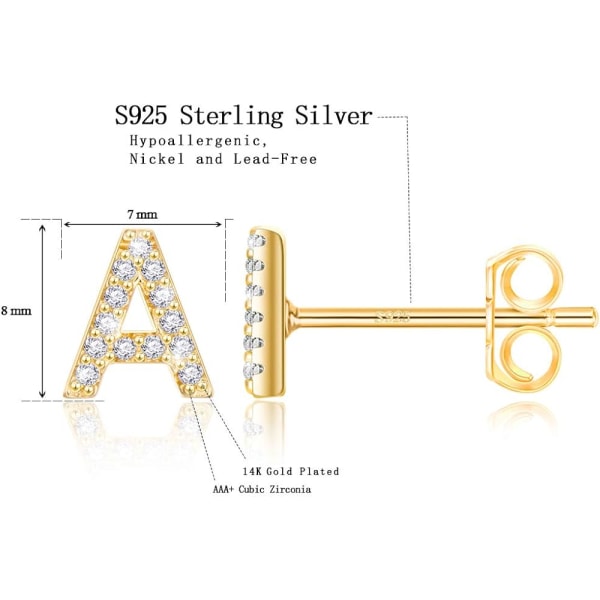 Initiala örhängen för flickor, S925 Sterling Silver Post Cubic