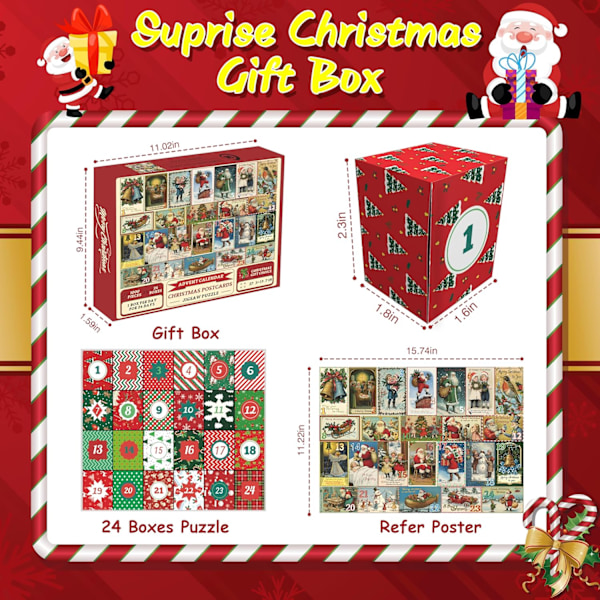 Joulukalenteri 2024 1000 Palaa 24 Päivän Joulunodotuksen Kalenteri Vintage Joulukortti Palapeli Koristeena New Christmas puzzle blind box