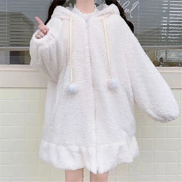 Sødt kaninøre-hættetrøje til kvinder - Plysset, fluffy kanin-sweater - Sweatshirt-pullover - Toppe med lange ærmer - Kawaii