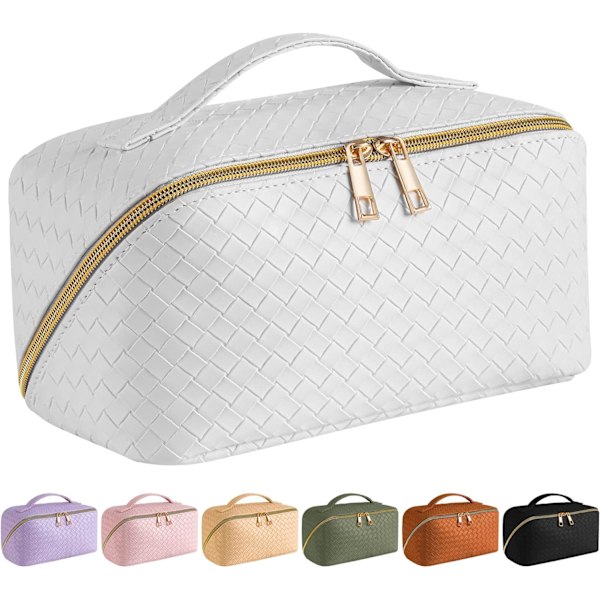 Large Cosmetic Bag for Travel - Makeup Bag, PU Leather Waterproof Cosmetic Case (White)