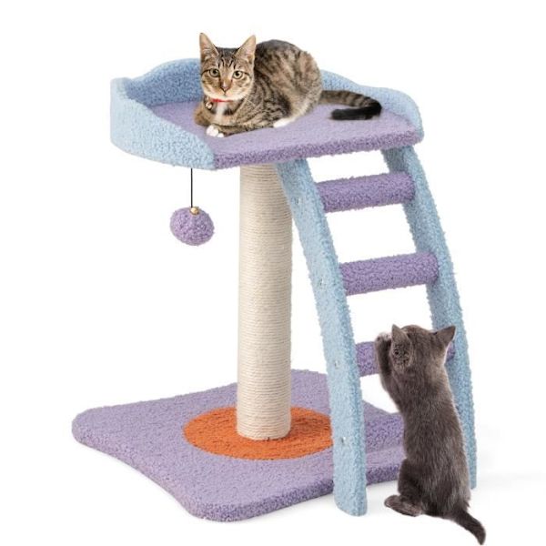 COSTWAY 48,5 cm Liten Stor Plattform Kattträd, Kattungeaktivitetscenter med Plyschboll och Klocka, Lila