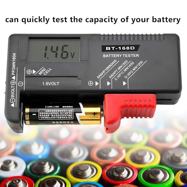 Digitalt batteritester, Universal batteritester, Batteritester, for AA, AAA, C, D, PP3, 9V, 1.5V, Myntcellebatterier - Fungerer uten batteri