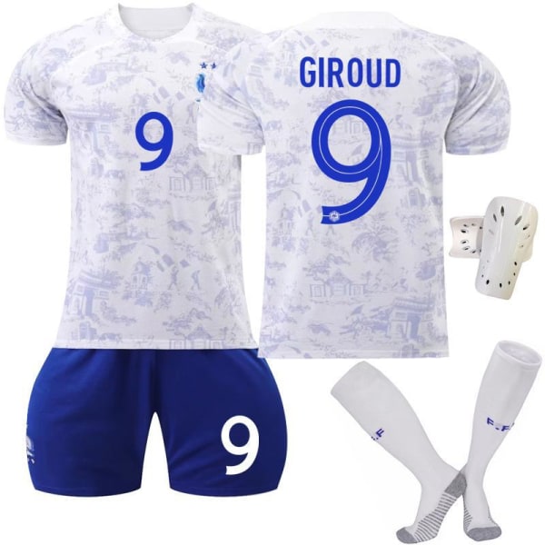 22-23 Frankrike borta nr 10 Mbappe fotbollsdräkt 19 Benzema 7 Griezmann 9 Giroud kortärmad vit dräkt No. 9 with socks + protective gear #XS