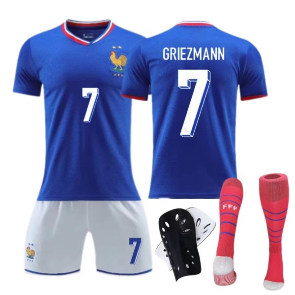 Europeiska cupen Frankrike Hemmatröja 2024 Barn Vuxen Set Nr 10 Mbappe Fotbollströja No. 11 socks + protective gear 20