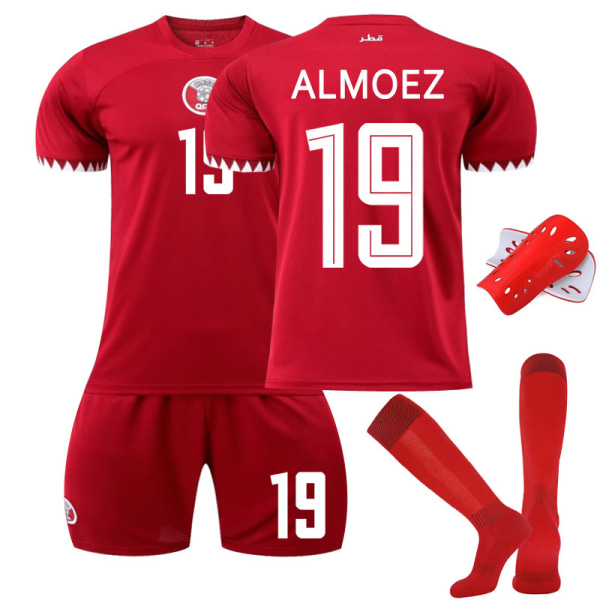 22-23 Qatar hemma röd VM nr 11 Afif 10 Haidos 19 Almoz fotbollströja No. 19 with socks + protective gear #L
