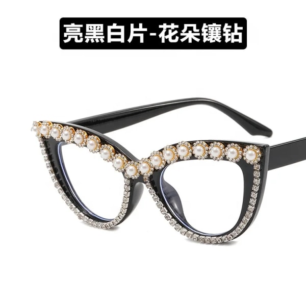 Katteøje diamantbesat fladt spejl anti-blåt lys nye fashion briller stel personlighed kvinder rhinestone solbriller C1 Cat-Eye Glasses