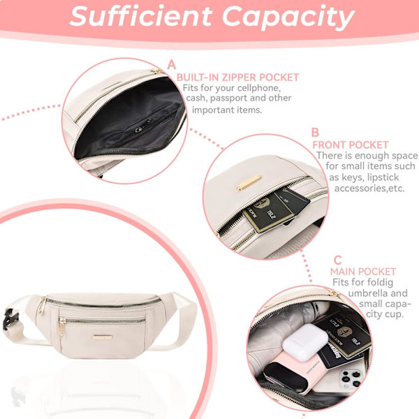 Fanny Pack Fashion Vyötärölaukku Casual Travel Bum Bag 3 Vetoketjutaskulla Naisille Miehille Urheilujuoksu Vaellus Lenkkeily (Beige)