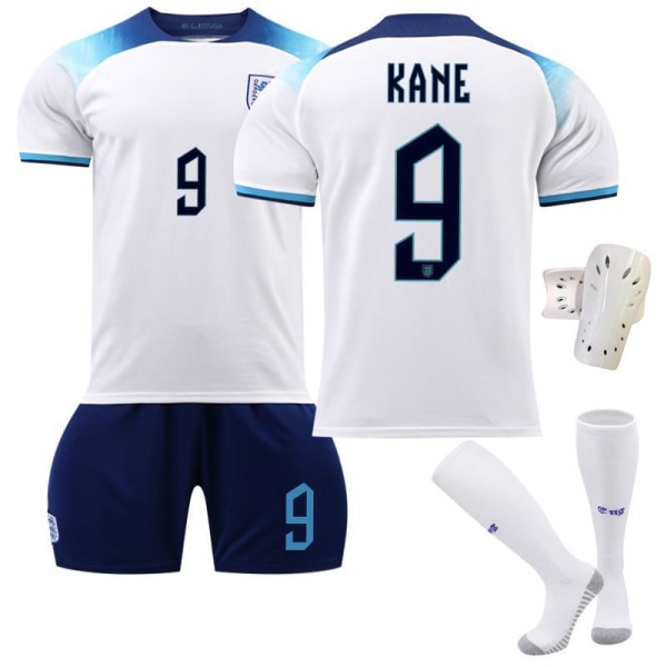 2022 England VM-tröja nr 9 Kane 10 Sterling 19 Mount 20 Foden Barnfotbollströja No. 20 with socks + protective gear #18