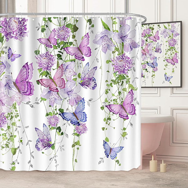 Lilla Bruseforhæng med Sommerfugle Bruseforhæng til Badeværelse, Sommer Bruseforhæng Lavendel Lilla Rosa 12 Kroge, 72X72 Tommer