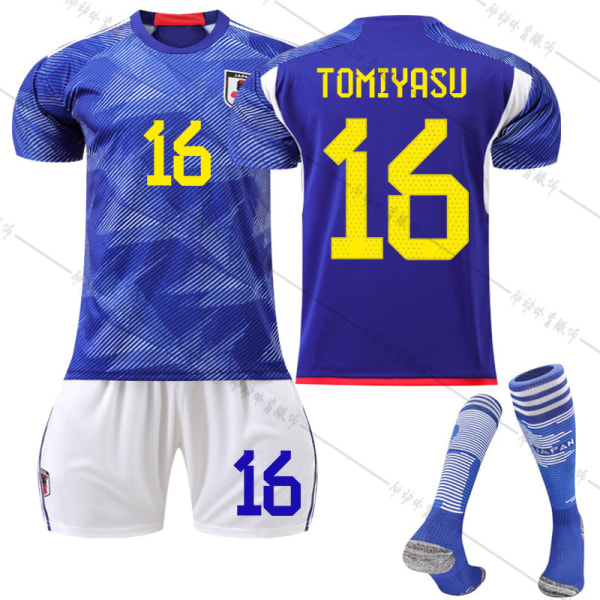 22-23 Japan hem VM fotbollströja nr 10 Minamino Takumi 15 Kamada Daichi 16 Tomiyasu Takehiro tröja Size 16 with socks #S