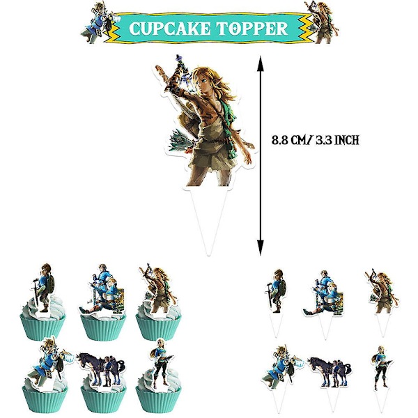 The Legend of Zelda -peliteemaisen juhlan koristesetti, sisältää bannerin, ilmapallot, kakun ja cupcake-koristeet