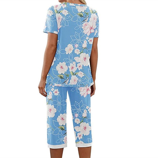 Kvinde Pyjamas 2-delt Nattøj Kortærmet T-shirt & Capri Bukser Blå Print Blå Print Blue Print 3XL