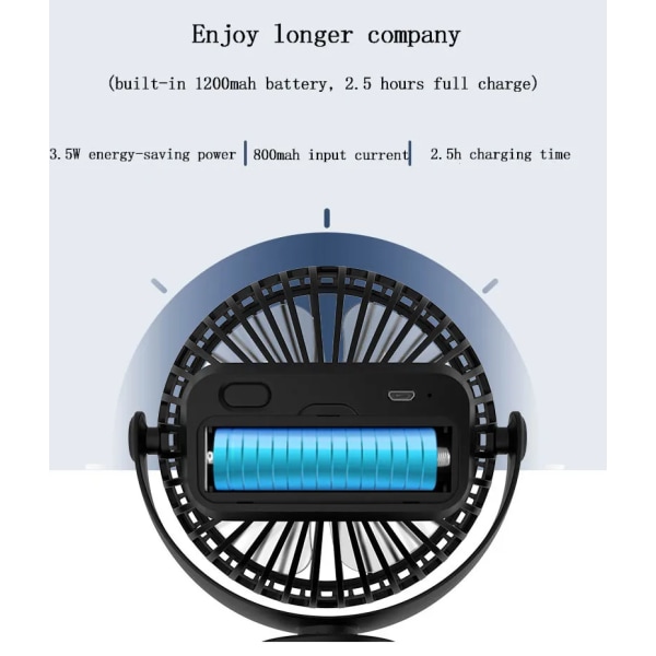 Bærbar batteridrevet klapvogn 360 graders rotation stille batteri mini USB genopladelig clip bordventilator Blue