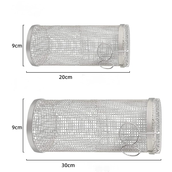 Rullande grillkorg, Cylindrisk grillkorg i rostfritt stål 30x9x9cm